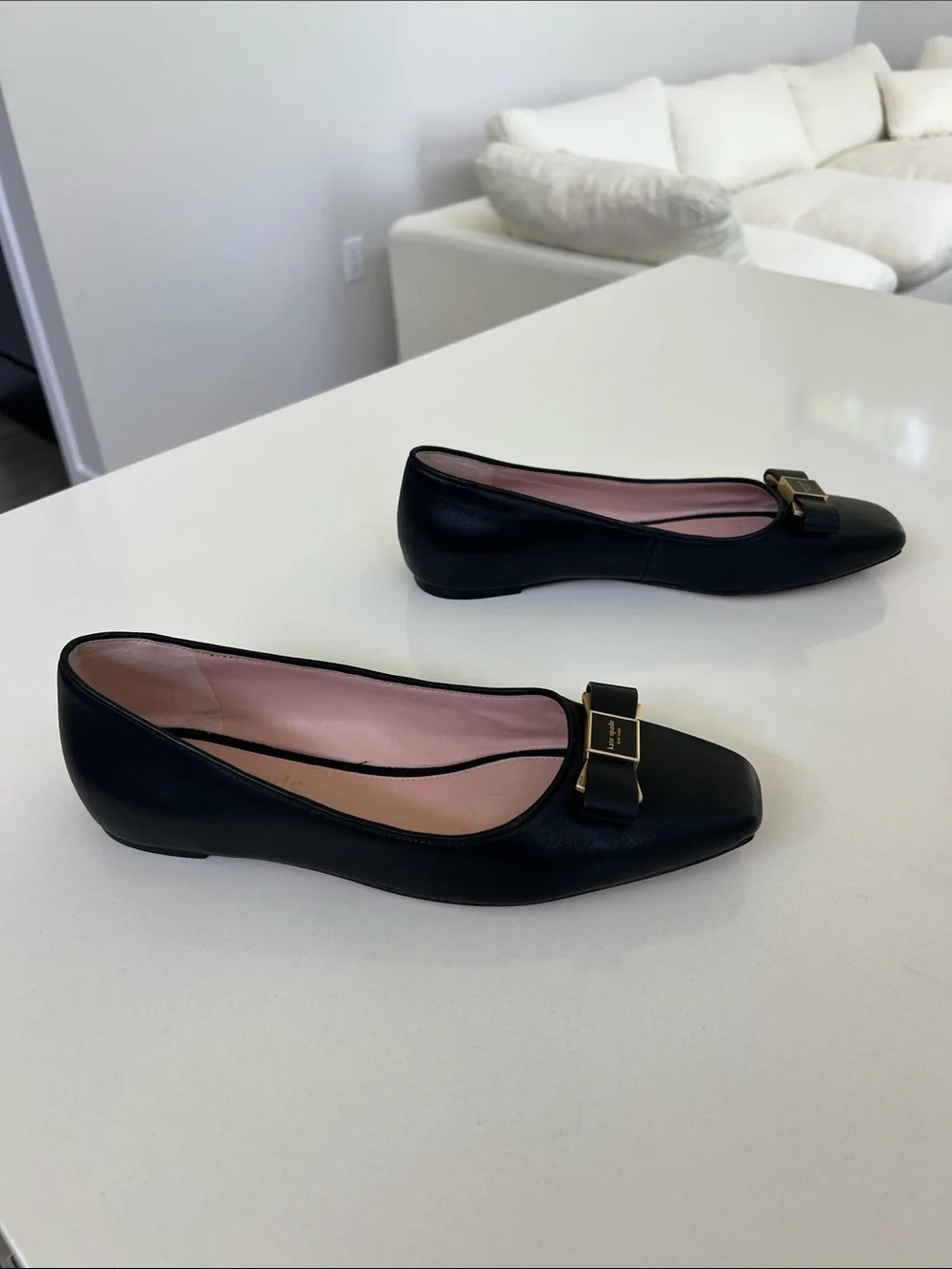 Kate Spade bowdie ballet ballerina black leather bow flats gold tone hardware